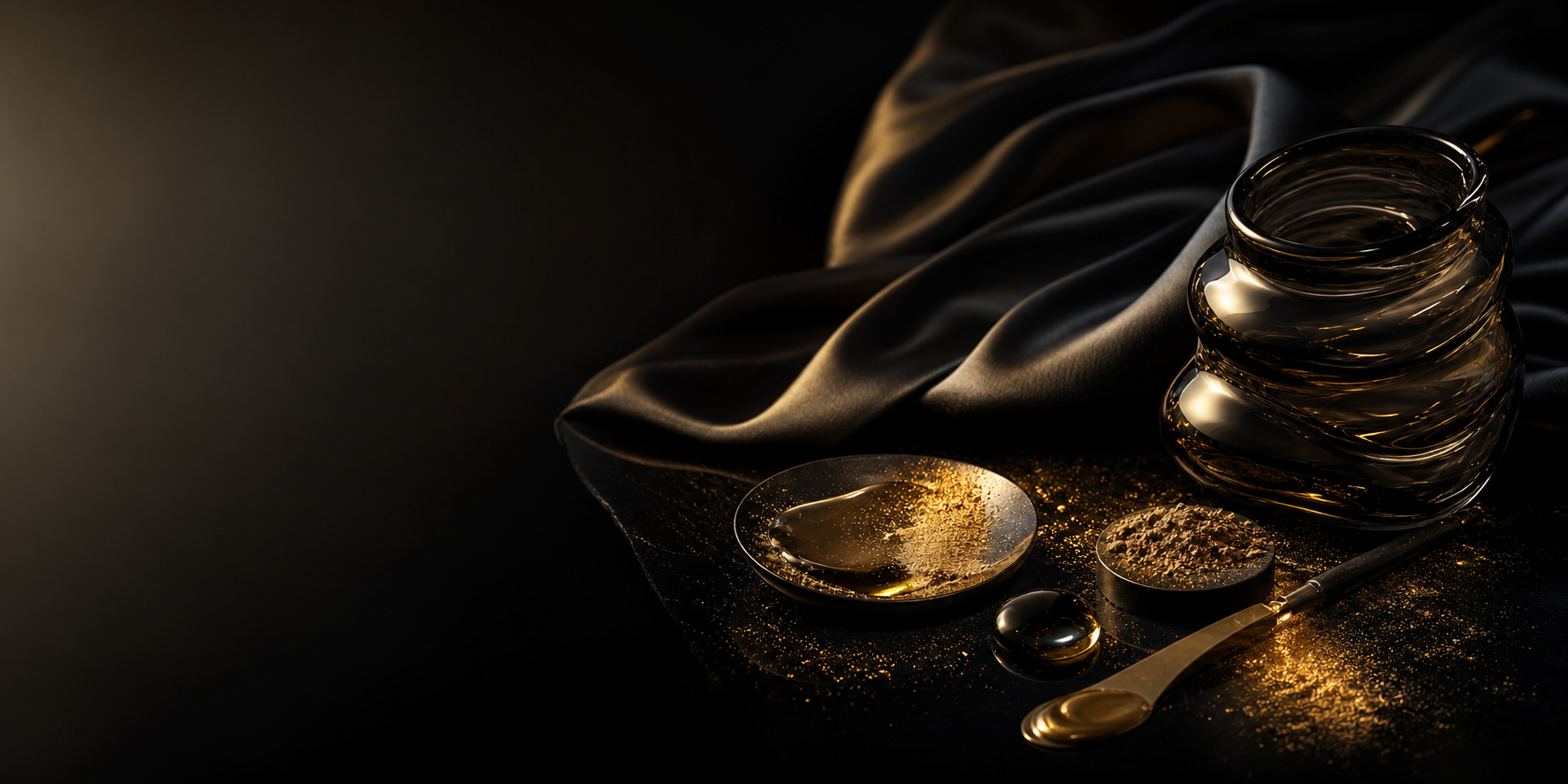 A Tima Beauty campaign still life with black silk, smoked glass, and gold pigment
